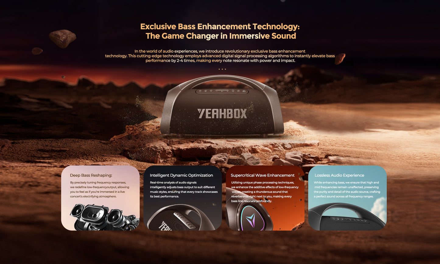 YEAHBOX Sonsic Boom MAX Bluetooth Speaker with Triple Frequency Subwoofer - Ultra Heavy Bass Desktop and Outdoor High-End One-Button BASS Audio System